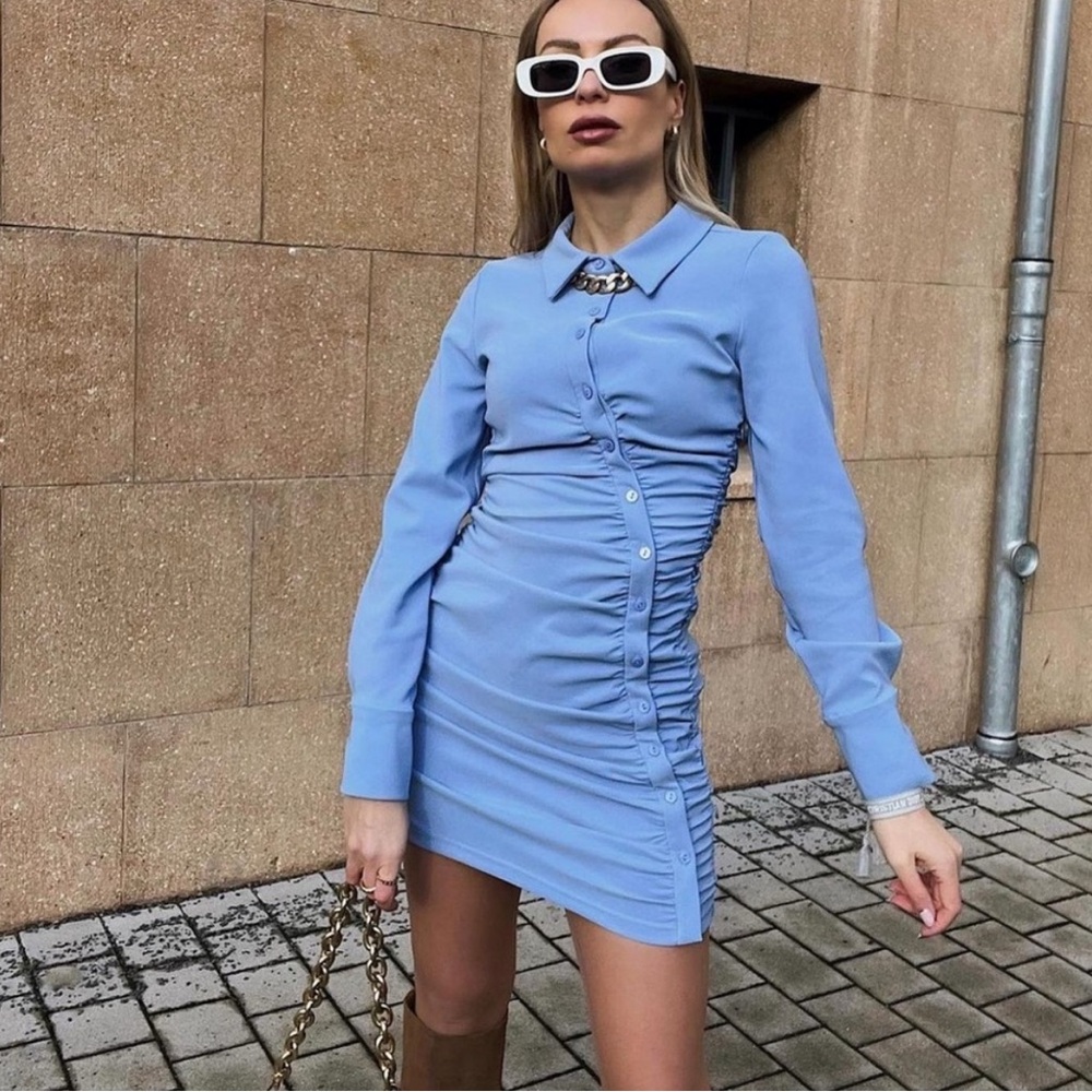🆕 ZARA Form Fitting Draped Shirt Dress - Picture 1 of 11